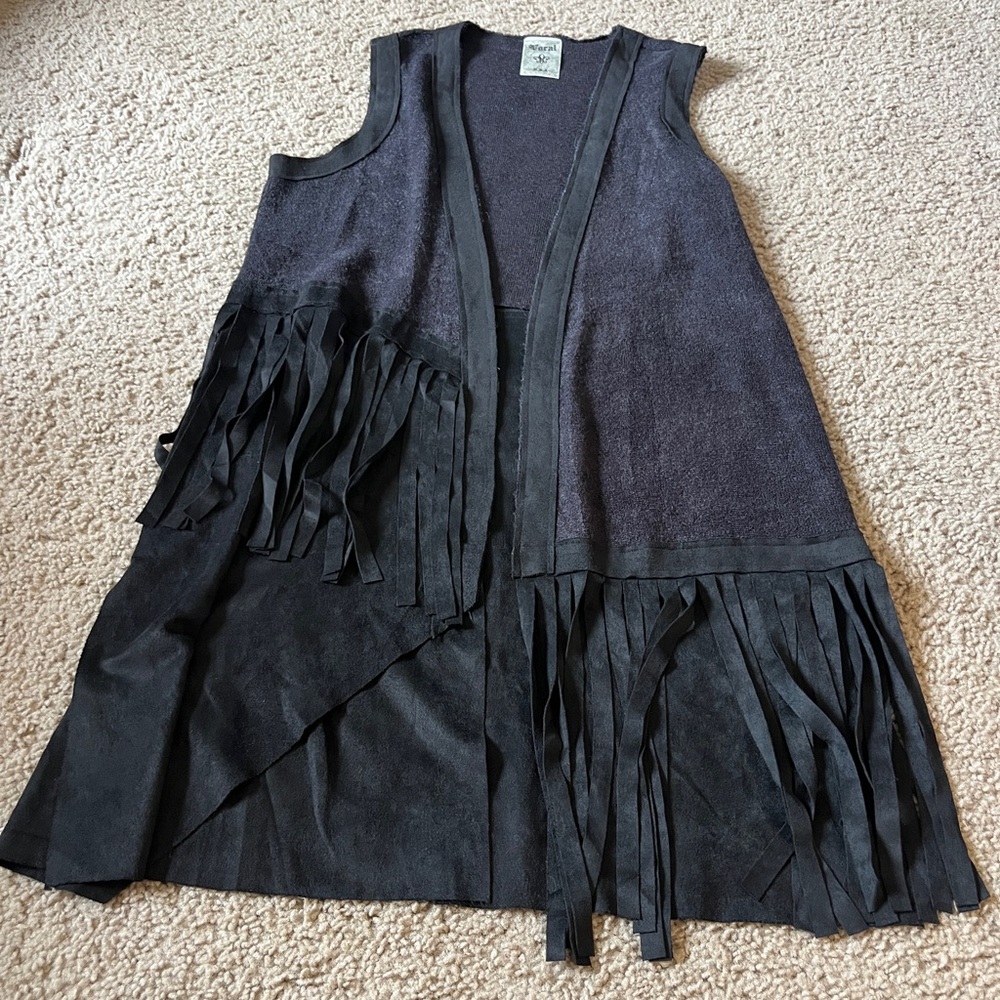 VOCAL Soft Terry Knit Fringe Vest Dark Midnight Navy Black Faux Suede Boho S
